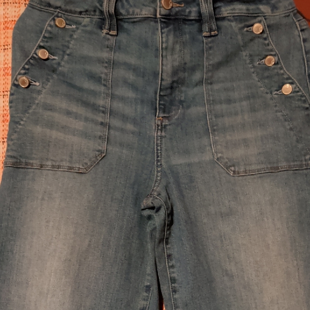 High-Rise Blue Wide-Leg Jeans with Button-Detailed Patch Pockets